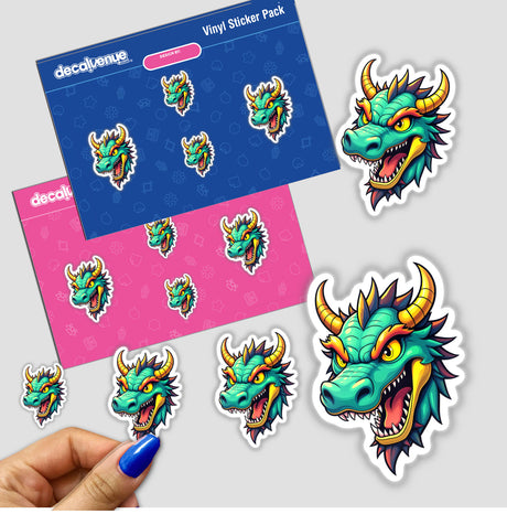 A Cool Fantasy Dragon sticker pack featuring cartoon dragon heads with yellow horns, captured in hand, showcasing unique vinyl sticker designs from Decal Venue.