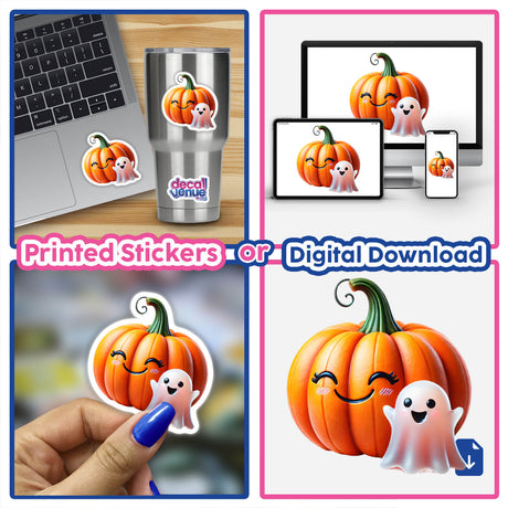 "Happy Ghost and Pumpkin" Stickers and Digital Artwork on laptop, tumbler, various devices, and hand-held.