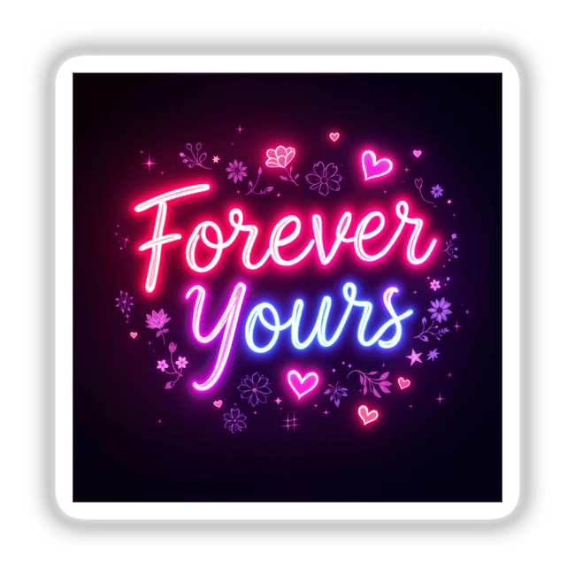 Forever Yours Radiant Neon Text: A vibrant neon sign featuring glowing flowers and hearts, available as unique stickers or digital artwork, embodying Decal Venue's flair for distinctive vinyl designs.