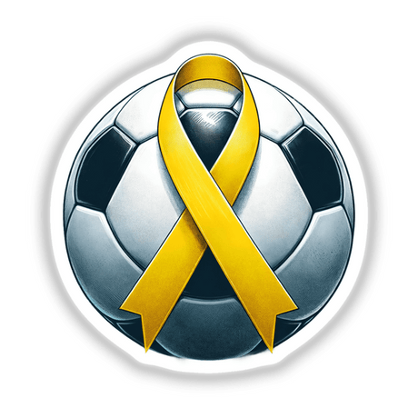 Yellow Ribbon Soccer Ball with a prominent yellow ribbon wrapped around it, available as unique stickers or digital artwork at Decal Venue.
