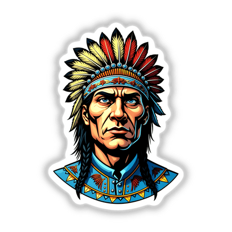 A Native American Warrior Chief in a feathered headdress is illustrated as a digital artwork, available as stickers. The detailed drawing highlights the chief's face, embodying artistic expression.