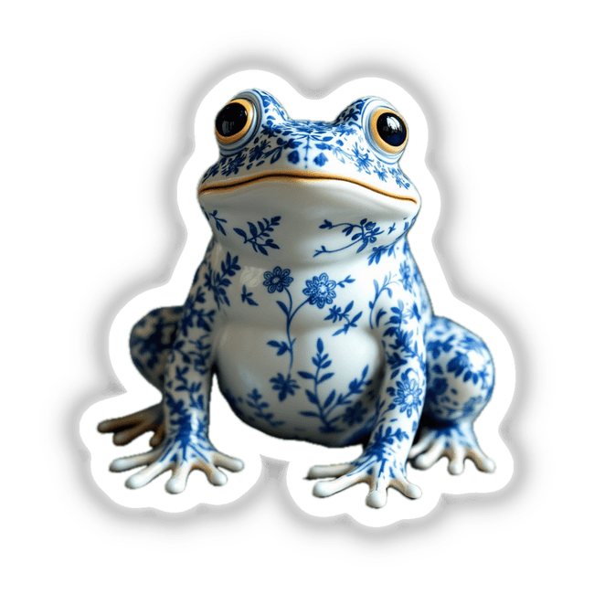 Chinoiserie Frog depicted as a blue and white cartoon-style frog with floral accents, available as stickers or digital art from Decal Venue.