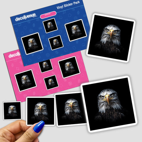 Hand holding a Cinematic Bald Eagle Portrait on Black Background sticker pack, featuring detailed eagle illustrations.