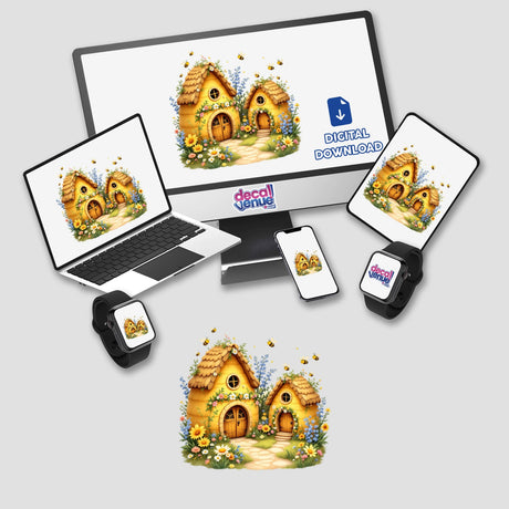 Whimsical Bumblebee Houses Nestled Among Spring Flowers displayed on a laptop screen, showcasing charming bumblebee houses with vibrant blooms, perfect for stickers or digital artwork from Decal Venue.