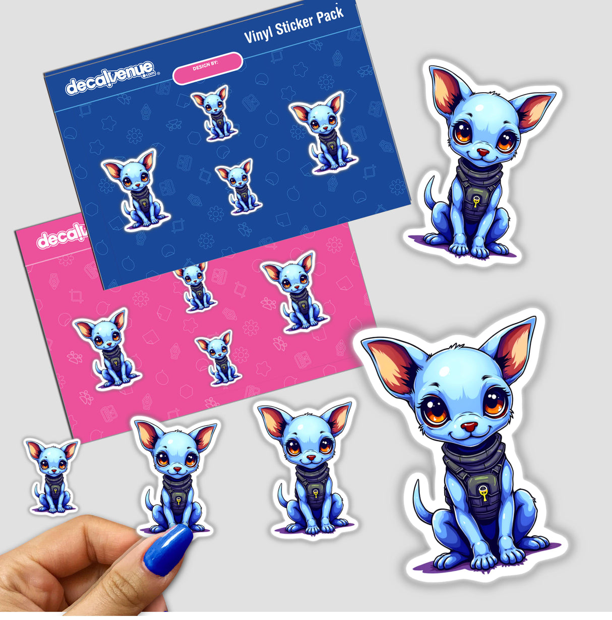 Sticker pack featuring a cute blue dog in a space-themed outfit, with multiple sizes and designs for vinyl stickers and digital downloads.
