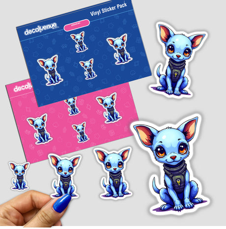 Sticker pack featuring a cute blue dog in a space-themed outfit, with multiple sizes and designs for vinyl stickers and digital downloads.