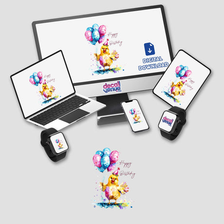 Colorful digital artwork of a happy birthday chick with balloons, featured on various electronic devices such as a laptop, smartphone, and smartwatch. The artwork has a vibrant and whimsical style, showcasing the chick amid a burst of balloons in a range of colors. The product is available for digital download from the Decal Venue store, which specializes in unique stickers and digital art.