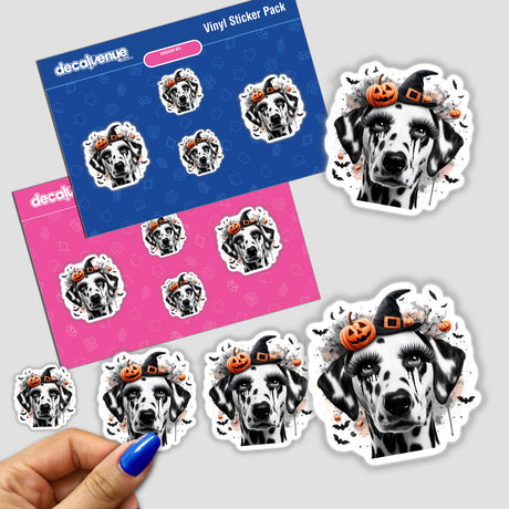 Spooky Halloween Dalmatian Dog sticker featuring a Dalmatian wearing a witch hat with pumpkins. Available as stickers or digital artwork.