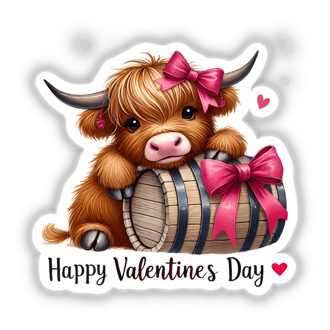 Highland Cow in Valentine's Day Barrel: A whimsical cartoon cow with a pink bow sits on a barrel, perfect for adding charm to any space as a sticker or digital art.