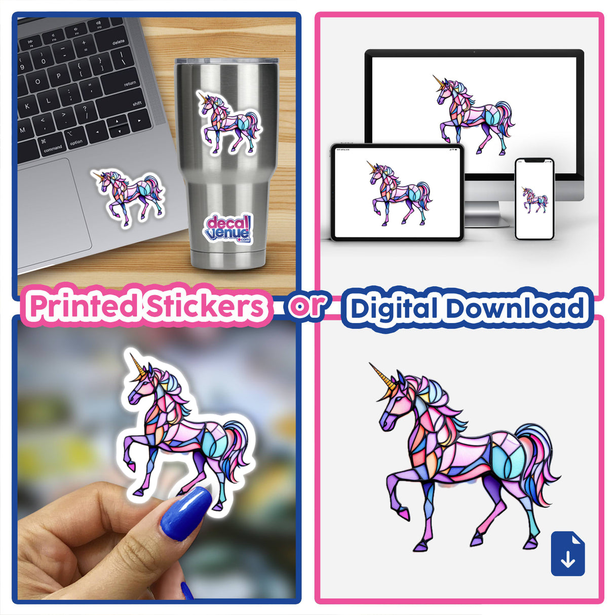 Unicorn Stained Glass Style collage featuring stickers and digital downloads, showcasing a unicorn on laptops, cups, and as digital artwork. Perfect for sticker enthusiasts and digital art collectors.