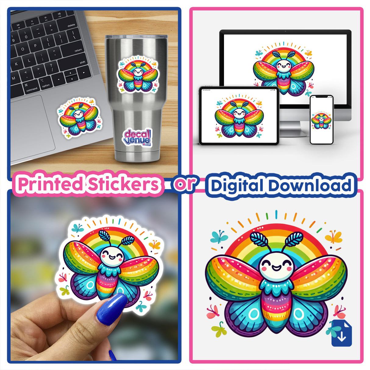 Collage of Colorful Rainbow Moth stickers on laptops, cups, and phones, with close-ups of the butterfly design in hand and digital artwork on screens.