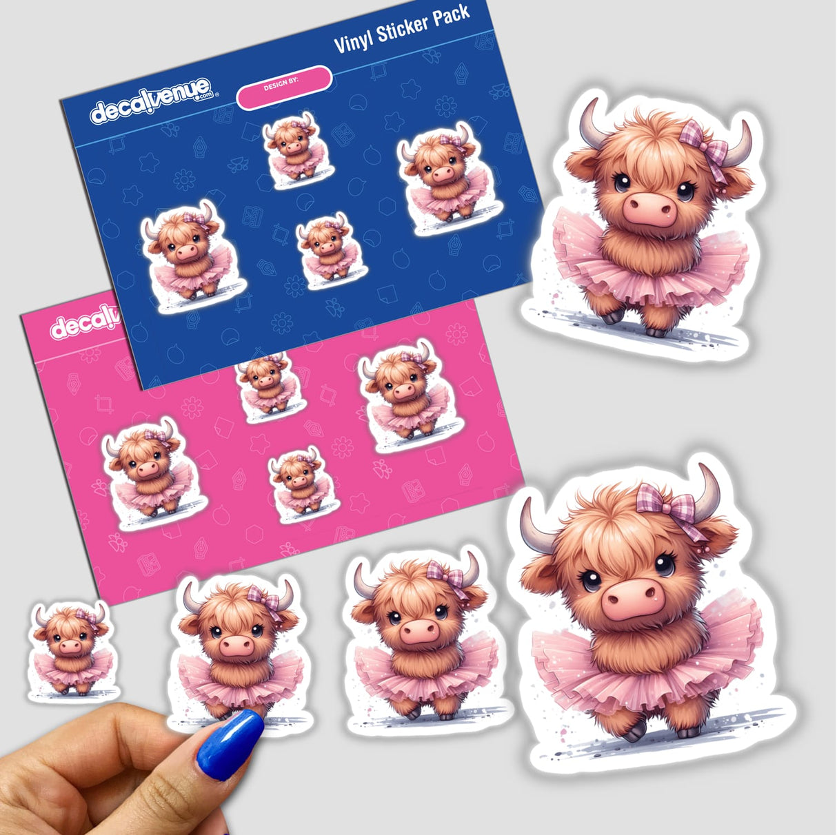 Highland cow with tutu digital artwork stickers displayed on a Decal Venue vinyl sticker pack.