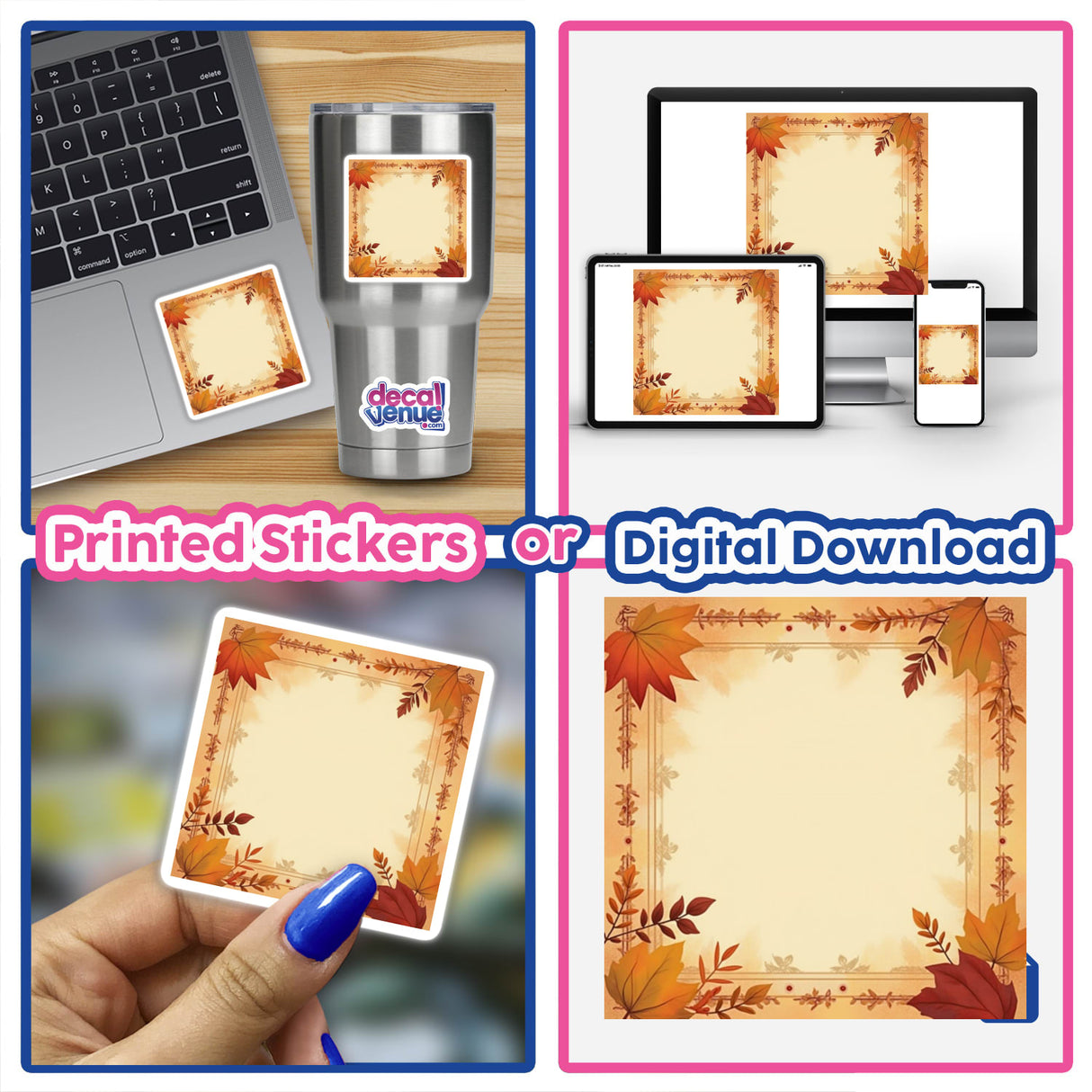 Square Fall Aesthetic Frame Clipart for Typography Quotes | Download with Commercial Rights, featuring a collage of stickers and digital artwork, displayed on various devices like laptops and phones.