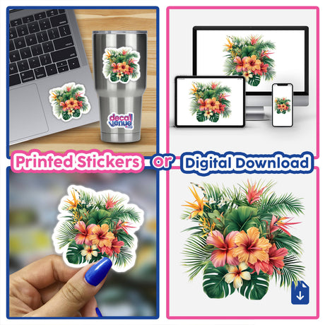 Tropical Flora Hibiscus Bouquet stickers and digital artwork collage featuring laptops, a hand with blue nails, a silver cup, and floral designs, embodying the unique aesthetic of Decal Venue.
