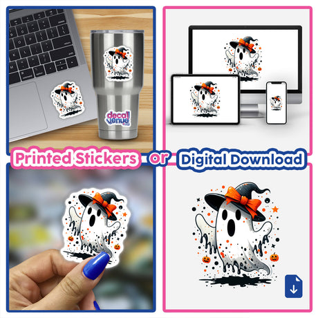 Halloween Boo Splatter Ghost sticker on a laptop, showcasing a cartoon ghost with a hat and pumpkins. Available as stickers or digital artwork from Decal Venue.