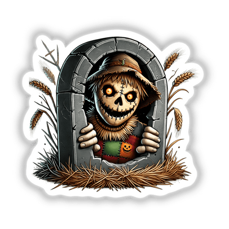 Halloween Scarecrow Peeking Out of Tombstone - Spooky digital artwork from DecalVenue featuring a creepy scarecrow emerging from a stone grave, surrounded by autumn foliage.