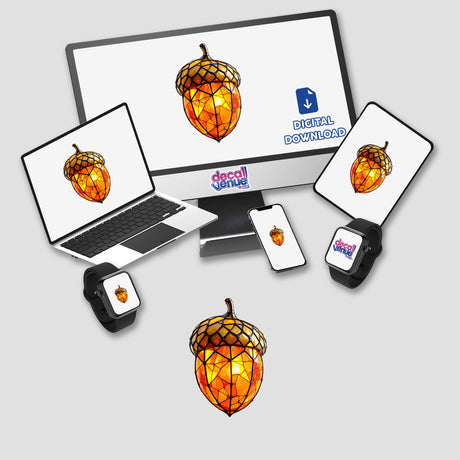 Acorn Stained Glass Art displayed on a computer monitor and laptop, showcasing intricate digital artwork. Available as stickers or digital artwork, highlighting Decal Venue's unique design offerings.