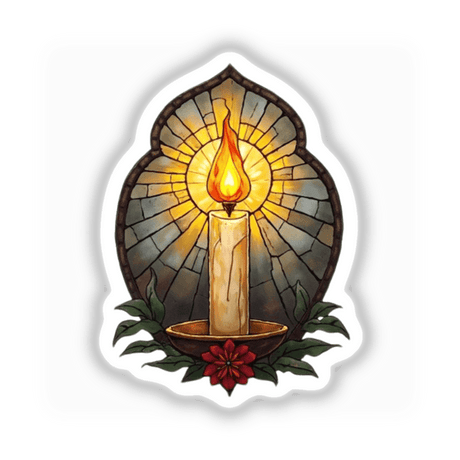 Stained Glass Paschal Candle Clipart with Commercial Rights & Christian Sticker depicting a candle with a flame in a stained glass design, available as stickers or digital artwork.