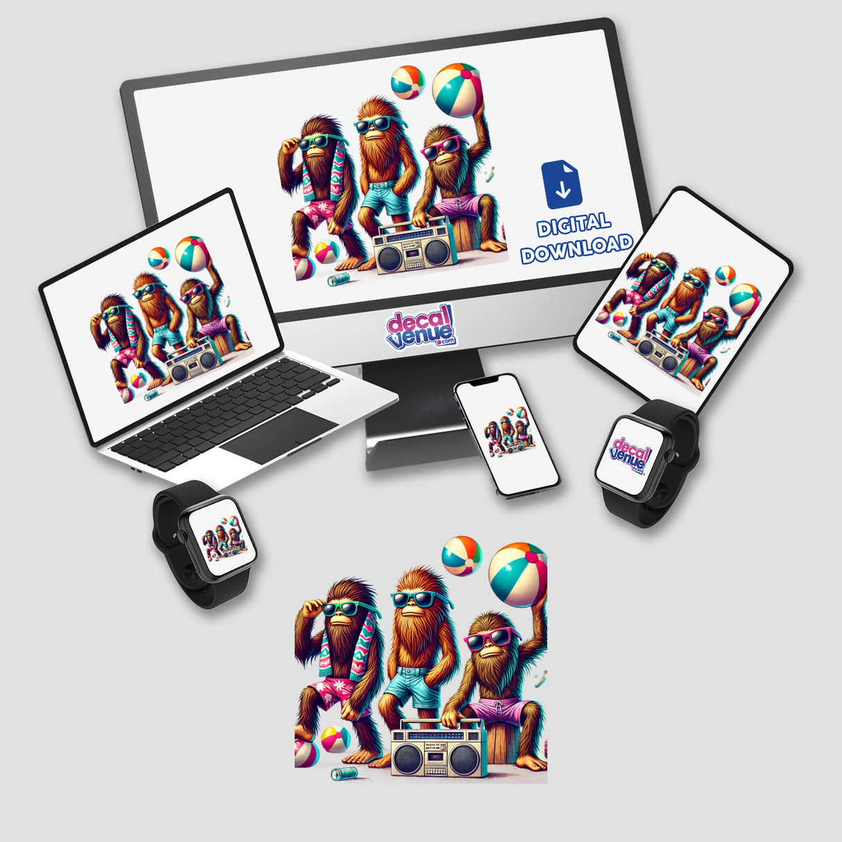 Colorful sasquatch characters enjoying a beach party, with various electronic devices displaying the digital artwork in the Decal Venue store.