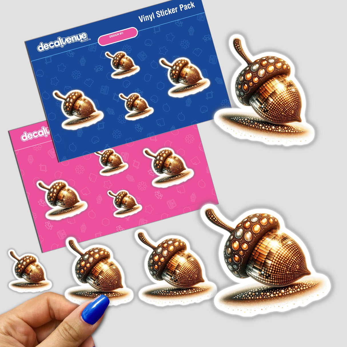 Stickers featuring a Shiny Acorn with Intricate Design, capturing close-up details of acorns with a reflective surface, available as physical stickers or digital artwork.