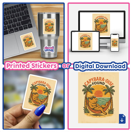 Capybara-Dise Found Sticker or Clipart featuring a whimsical capybara lounging in a hammock amid tropical elements, available as vinyl stickers or digital artwork for commercial use.
