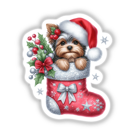 Peeking Santa Yorkie Dog Sparkly Mistletoe Christmas Stocking, featuring a Yorkie wearing a Santa hat in a festive stocking, ideal for stickers or digital artwork from Decal Venue.