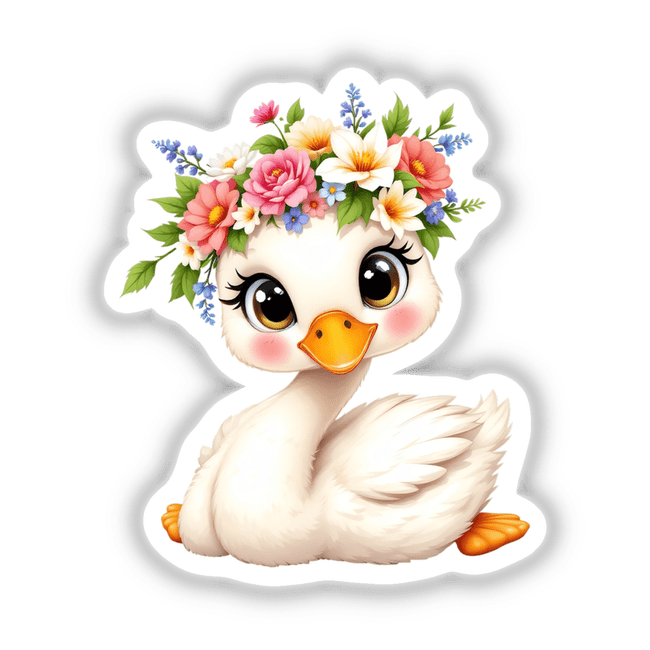 Elegant Swan with a Flower Crown: a cartoon duck elegantly adorned with a floral headpiece, embodying grace and beauty, perfect as stickers or digital art from Decal Venue.