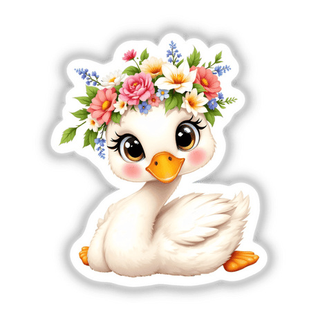 Elegant Swan with a Flower Crown: a cartoon duck elegantly adorned with a floral headpiece, embodying grace and beauty, perfect as stickers or digital art from Decal Venue.