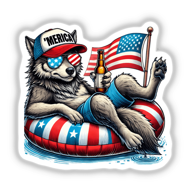 Wolf American Flag Float Merica sticker or digital art depicting a cartoon wolf in sunglasses and a hat, lounging on a float, holding a beer and an American flag.