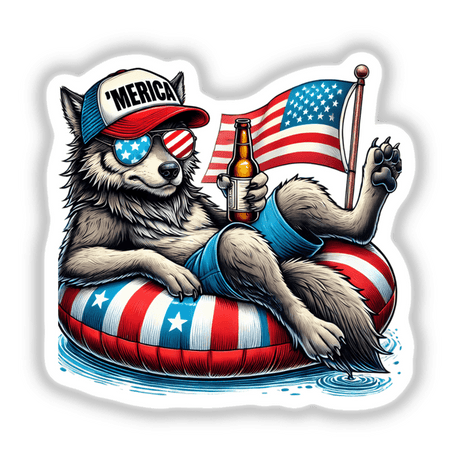 Wolf American Flag Float Merica sticker or digital art depicting a cartoon wolf in sunglasses and a hat, lounging on a float, holding a beer and an American flag.