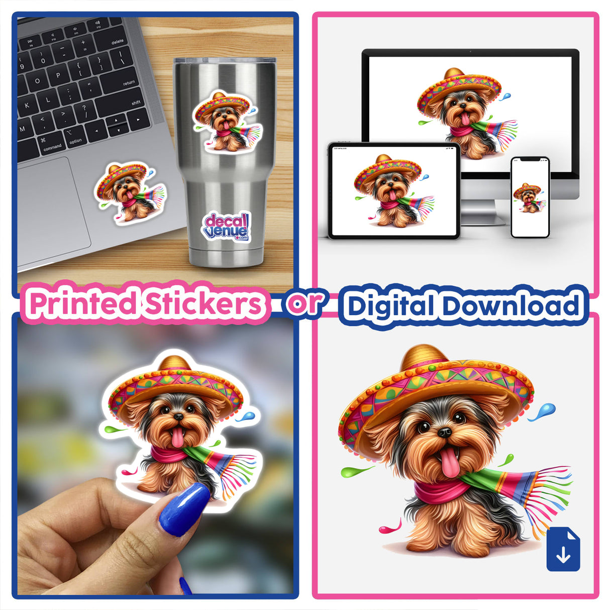 Cute Yorkshire Terrier dog in sombrero sticker on laptop, phone, and other surfaces