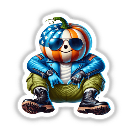 Cartoon pumpkin wearing aviator sunglasses and a blue jacket, titled Patriotic Leather Pumpkin Head, available as stickers or digital artwork.