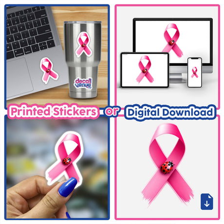 Ladybug Pink Ribbon Breast Cancer-3 collage featuring pink ribbons, ladybugs, and a laptop. Available as stickers or digital artwork, reflecting Decal Venue's unique vinyl and digital art offerings.