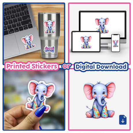 Cute Elephant With Flowers sticker collage, featuring a cartoon elephant adorned with flowers, showcased on various surfaces like laptops and cups, emphasizing Decal Venue's unique vinyl sticker offerings.