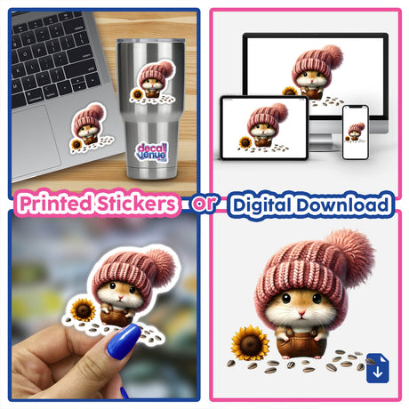 Hamster Gnome with sunflower seeds, cozy in a pink knit hat, available as Stickers or Digital Art.