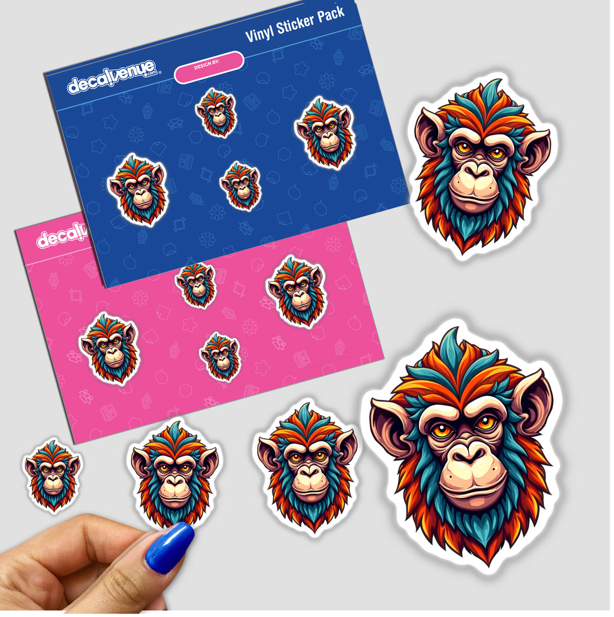 Sticker featuring A Cool Monkey King with cartoonish expressions, showcasing multiple monkey faces in vibrant designs. Available as a sticker or digital artwork from Decal Venue.