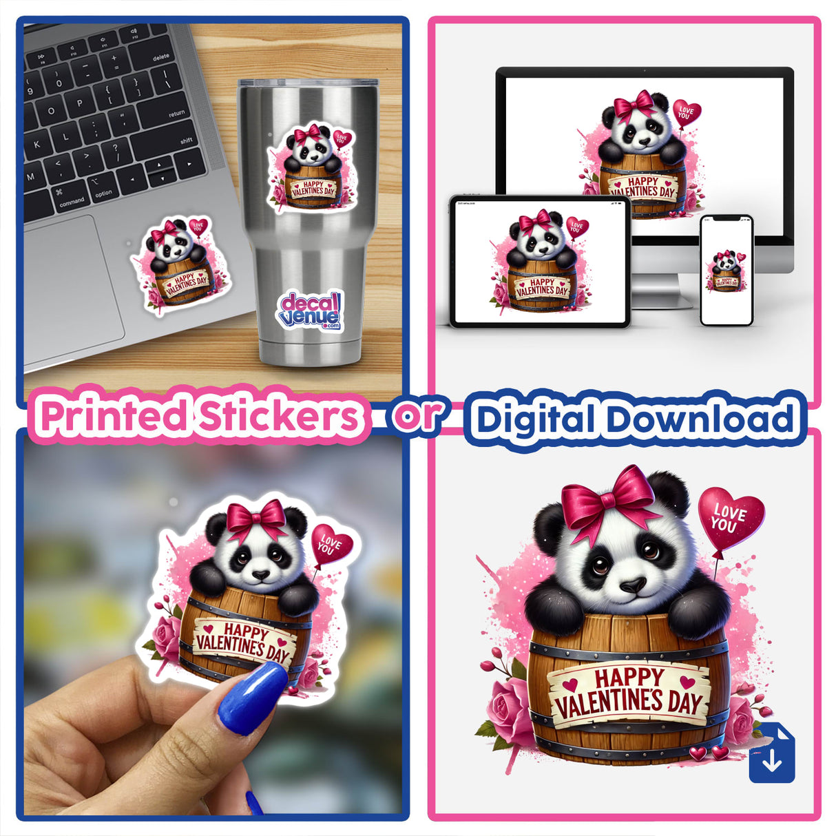 Panda Bear in Valentine's Day Barrel sticker, featuring an adorable panda nestled in a barrel, perfect for decorating notebooks or planners with a touch of cuteness and love.