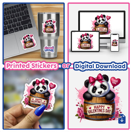 Panda Bear in Valentine's Day Barrel sticker, featuring an adorable panda nestled in a barrel, perfect for decorating notebooks or planners with a touch of cuteness and love.