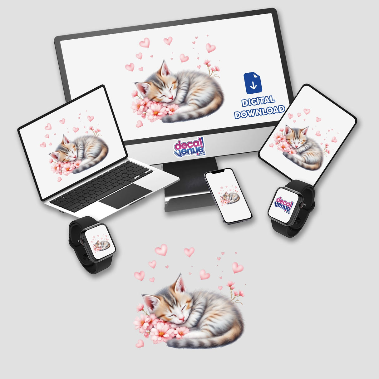 Sleeping Kitten with Hearts sticker or digital artwork features a cute cat sleeping among flowers, displayed on a computer monitor and laptop, embodying Decal Venue's unique art style.
