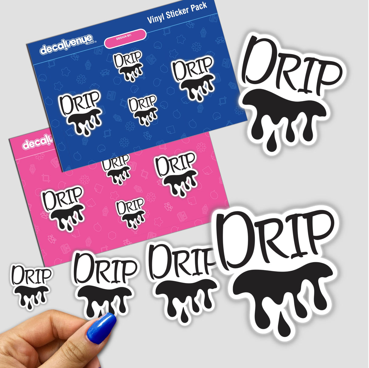 Hand holding a sticker pack featuring Drip -in black, showcasing unique cartoon and animal designs, part of Decal Venue's collection of creative stickers and digital artwork.