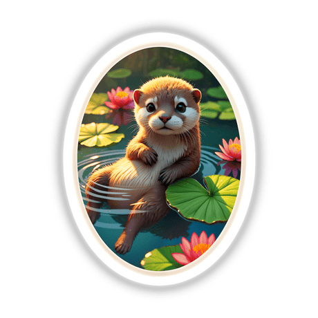 Cute Otter In The Water: A cartoon otter playfully swims among lily pads and flowers, available as stickers or digital artwork from Decal Venue.