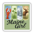 Maine Girl Sticker or Clipart with Commercial Rights - Nature and Wildlife Art: Illustration of a moose and lobster on a sign, available as unique vinyl stickers or digital artwork.