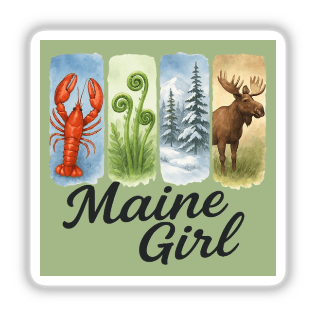 Maine Girl Sticker or Clipart with Commercial Rights - Nature and Wildlife Art: Illustration of a moose and lobster on a sign, available as unique vinyl stickers or digital artwork.