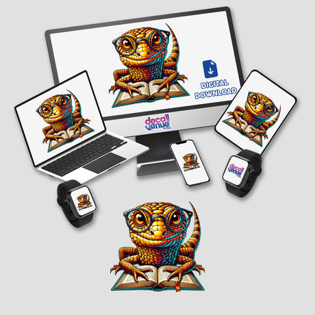 Skink Lizard With Reading Glasses Open Book depicted on digital screens and devices, available as stickers or digital artwork from Decal Venue.