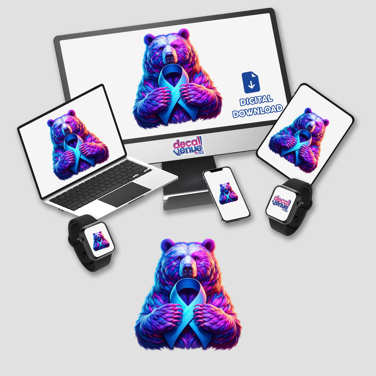 Bear Periwinkle Ribbon Stomach Cancer Awareness design on a computer monitor and laptop screen, featuring a colorful bear holding a blue ribbon. Available as stickers or digital artwork.