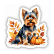 Yorkshire Terrier Dog Clipart - Fall Aesthetic Stickers and Download: a cartoon dog sitting next to a pumpkin, ideal for autumn-themed designs.