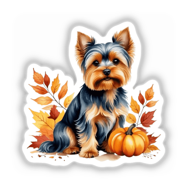 Yorkshire Terrier Dog Clipart - Fall Aesthetic Stickers and Download: a cartoon dog sitting next to a pumpkin, ideal for autumn-themed designs.