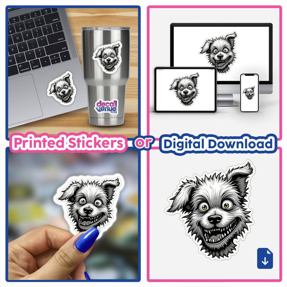 Cachorro Cinzentado stickers featuring a cartoon dog with sharp teeth, displayed on a laptop and cup. Available as stickers or digital artwork.