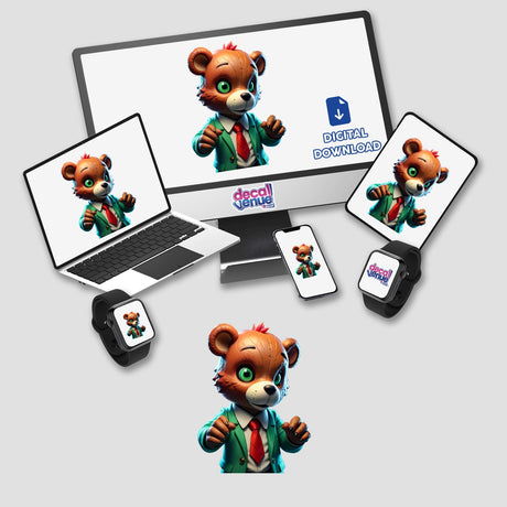 A Macabre Scary Bear cartoon displayed on a computer screen, available as unique stickers or digital artwork from Decal Venue.