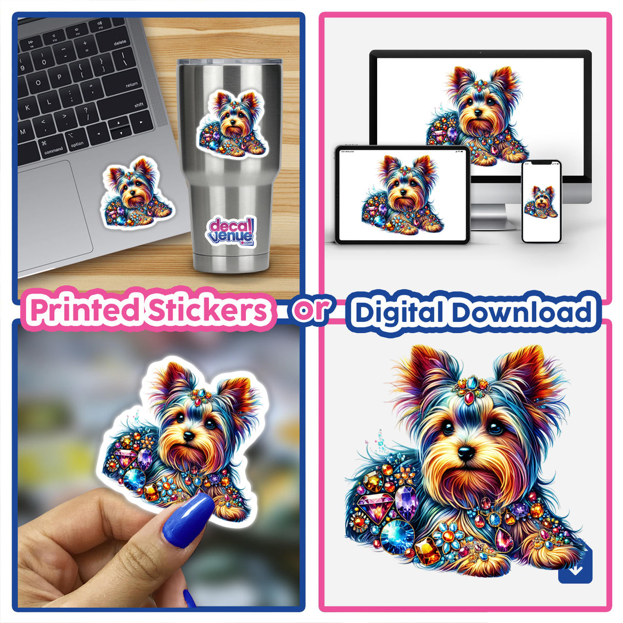 A collage featuring a Yorkie adorned with jewels and gemstones, depicted on a laptop and various stickers.